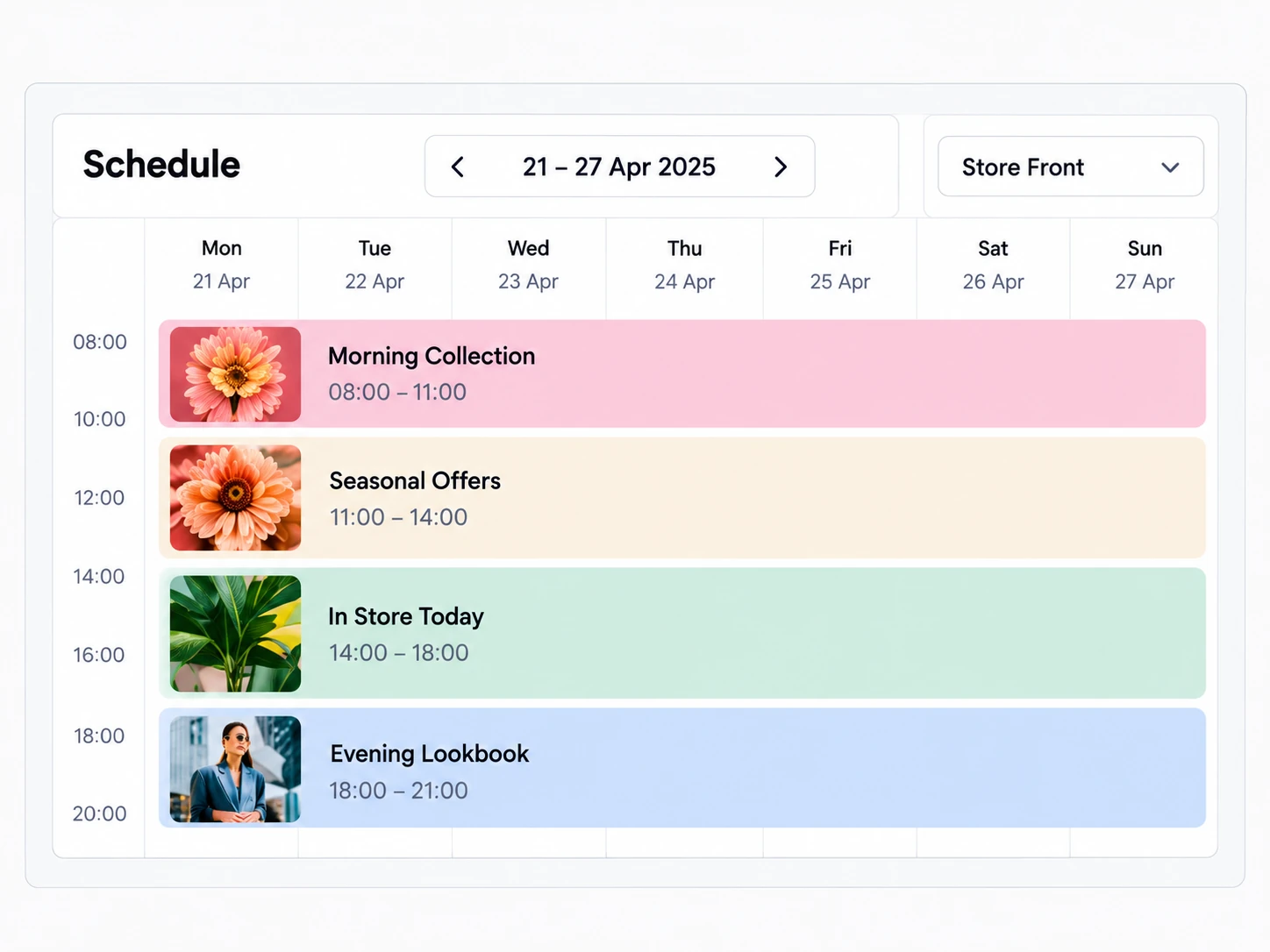 Illustrative weekly content schedule with different content for each part of the day