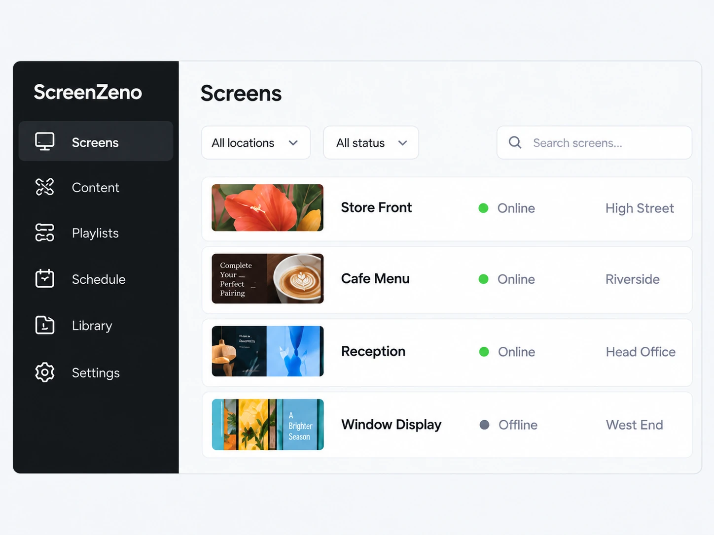 Illustrative screen list with content thumbnails and online or offline status