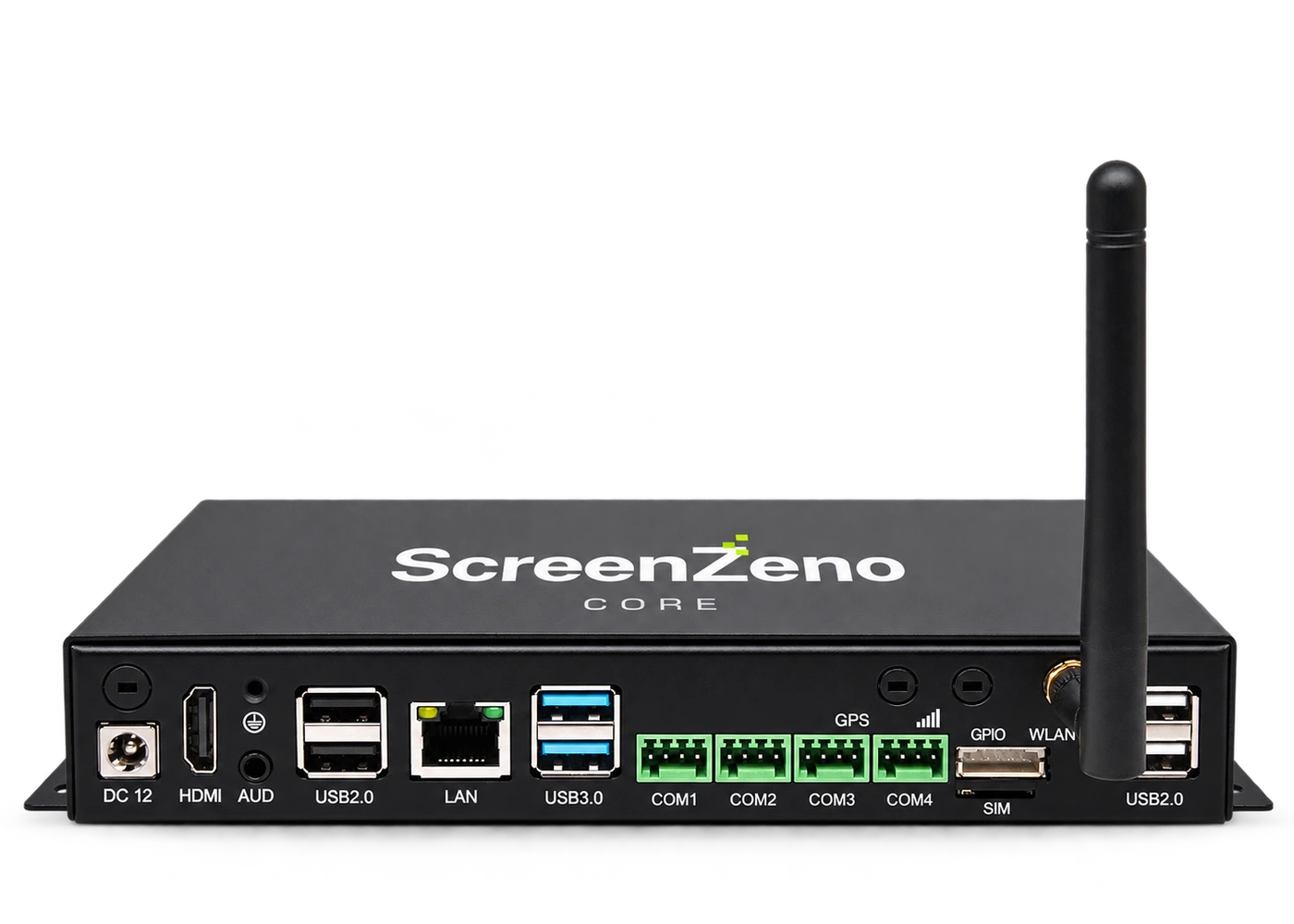 ScreenZeno Core HDMI media player with one antenna and ScreenZeno branding