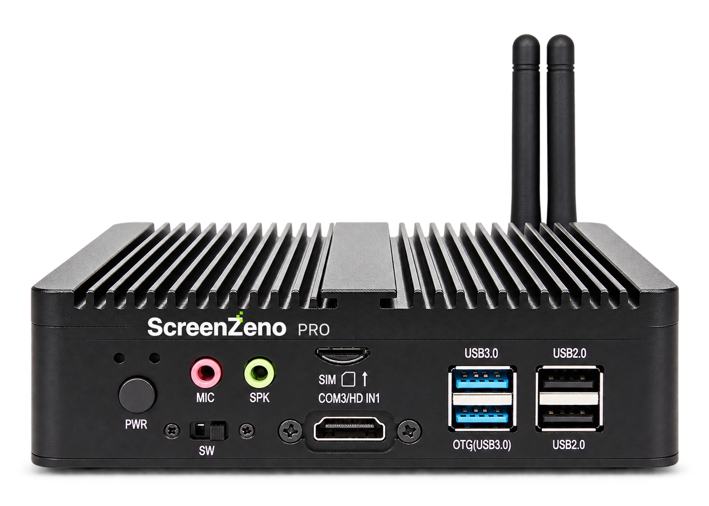 ScreenZeno Pro HDMI media player with a finned metal case, two antennas and ScreenZeno branding